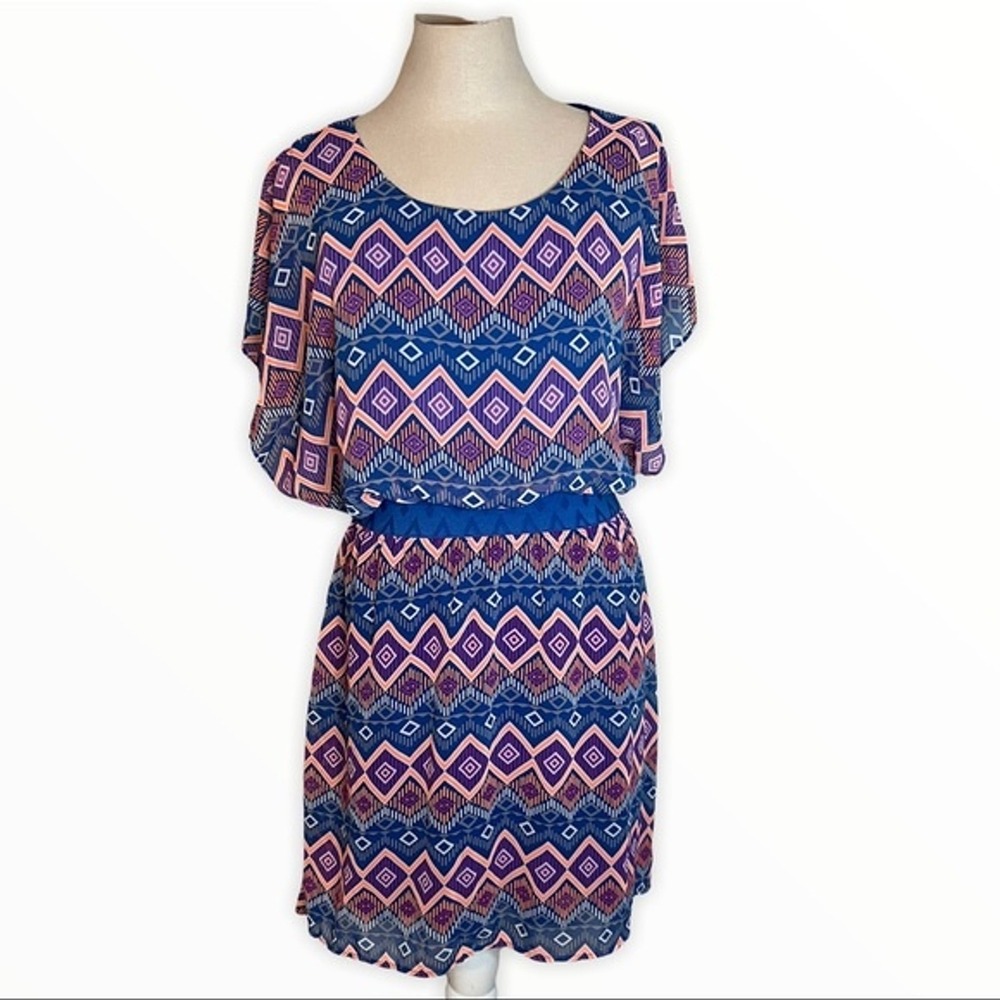 Alya‎ Womens L Dress Blue Geometric Tribal Print Blouson Waist Boho Short Sleeve